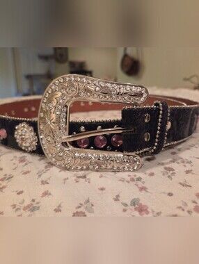 Blazin Roxx Black Y2K Western Belt with Silver Crystal Buckle and Pink Gems